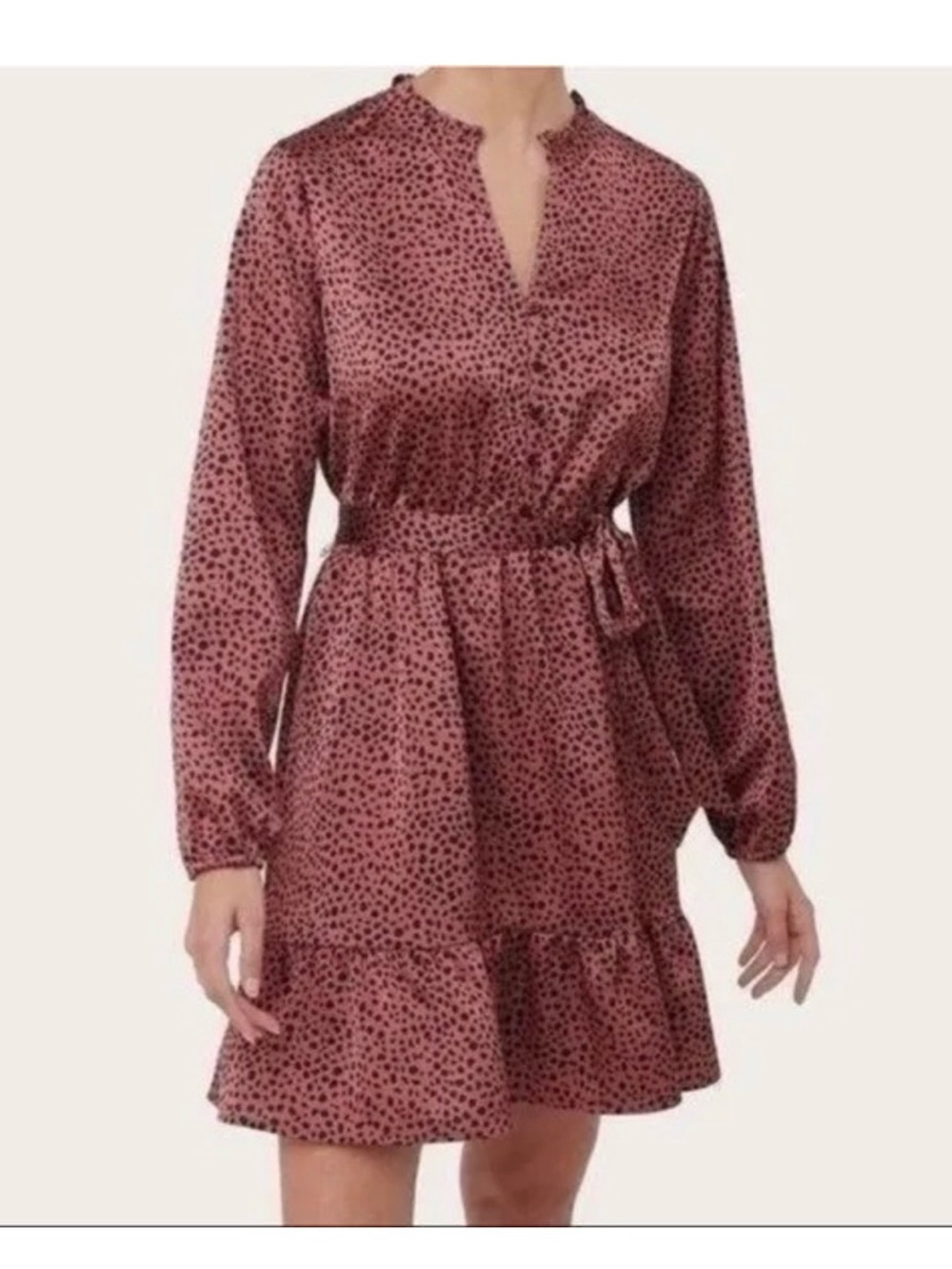 LOFT Mauve Pink Polka Dot Long Sleeve Tie-Waist Mini Dress